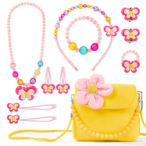 OSDUE Kleine Mädchen Plüsch Handtaschen, Schmuckset für Mädchen, Kette Halskette Armband Ring Schmuckset, Süße Plüsch Handtasche für Party Dress Up Geschenk(Gelb) von OSDUE