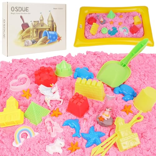 OSDUE Magic Sand Sandbox Set, Kinetischer Sand Spielzeug mit 1kg Knetsand, Sensorisch Sandspielzeug Zaubersand Geschenk Kinder, Einhorn Figure Strandspielzeug mit Sandform und Sandwerkzeug, Rosa von OSDUE