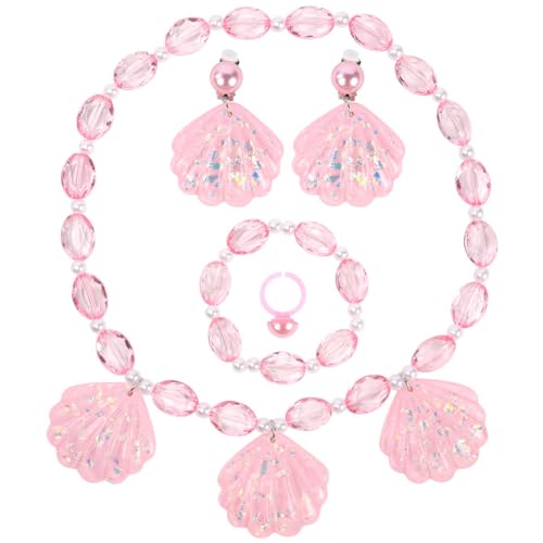 OSDUE Rosa Muschel Schmuckset Mädchen, Rosa Kristallschmuck， Rosa Muschel Kinderschmuck Enthalten Halskette, Ringe, Armbänder, Ohrring, Rosa Muschel Kinderschmuck Set für Party Dress Up Geschenk von OSDUE