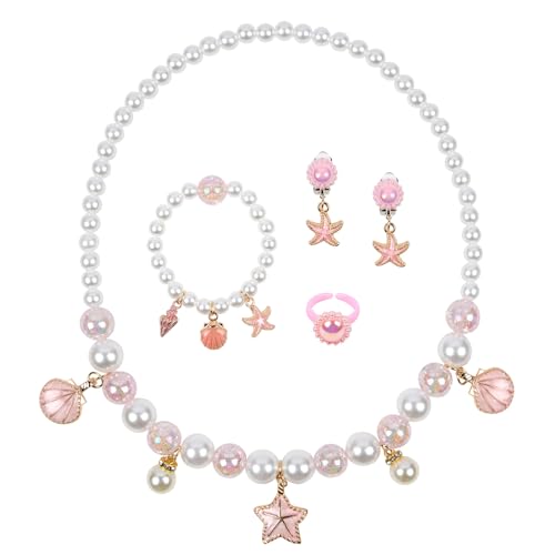 OSDUE Rosa Muschel Schmuckset Mädchen, Rosa Kristallschmuck， Rosa Muschel Kinderschmuck Enthalten Halskette, Ringe, Armbänder, Ohrring, Rosa Muschel Kinderschmuck Set für Party Dress Up Geschenk von OSDUE