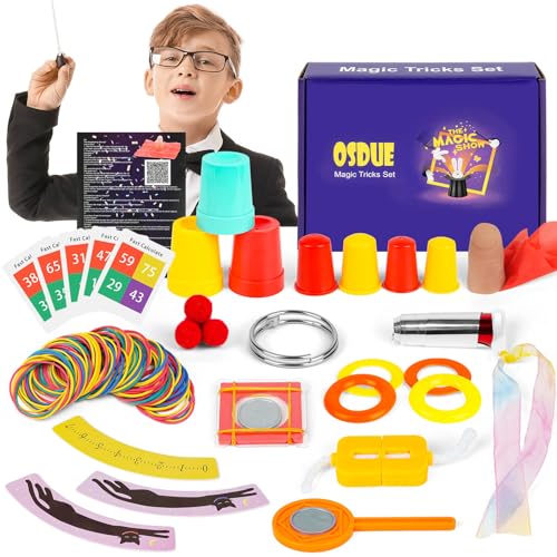 OSDUE Zauberkasten für Kinder, 12 Pcs Anfänger Zaubertricks Set, Magische Spielzeuge mit Zauberstab & Handbuch, Neuheit Magie Requisiten Zauber Tricks Geburtstag Geschenk für Magier Junge Mädchen von OSDUE