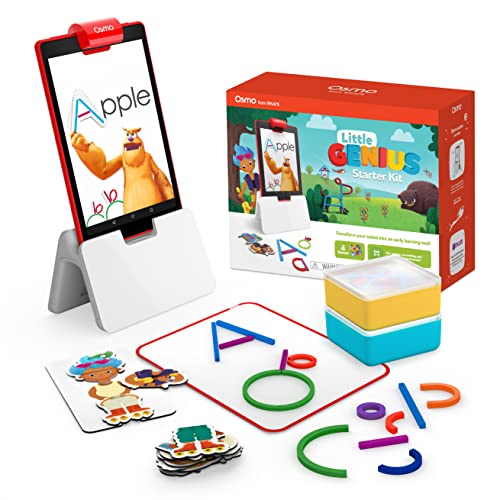 Osmo - Little Genius Starter Kit für Fire-Tablet - 4 Lernspiele - 3-5 Jahre - Buchstaben, Laute, Kreativität - digitales Spiel mit echten Spielsteinen - (inkl. Osmo Basis für Fire) - deutsch übersetzt von OSMO