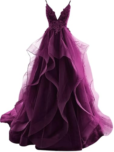 Ballkleid Abendkleid Lang Volant Rückenlos Hochzeitskleider für Registerbüro Damen Tüll Ballkleid Prinzessin (Pflaume, 10) von OSRDFV