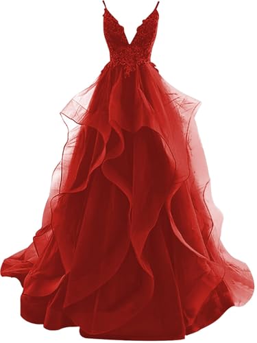 Ballkleider Abendkleid Lang Rüschen Rückenfrei Brautkleider Standesamt Damen Tüll Ballkleid Prinzessin (Rot, 14) von OSRDFV