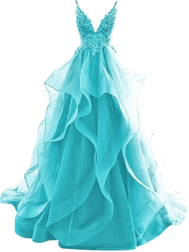 Ballkleider Lang Rüschen Abendkleid Rückenfrei Brautkleider Standesamt Damen Tüll Ballkleid Prinzessin (Aquablau, 14) von OSRDFV