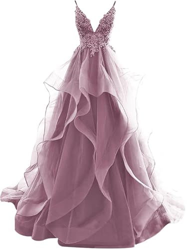 Ballkleider Lang Rüschen Abendkleid Rückenfrei Brautkleider Standesamt Damen Tüll Ballkleid Prinzessin (Blush, 10) von OSRDFV