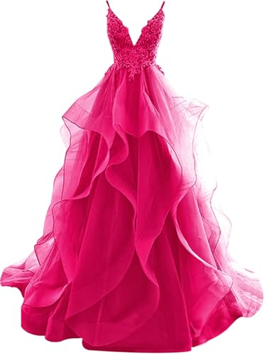 Ballkleider Lang Rüschen Abendkleid Rückenfrei Brautkleider Standesamt Damen Tüll Ballkleid Prinzessin (Hot Pink, 12) von OSRDFV