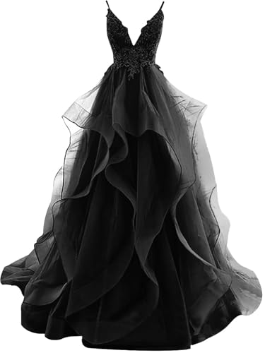 Ballkleider Lang Rüschen Abendkleid Rückenfrei Brautkleider Standesamt Damen Tüll Ballkleid Prinzessin (Schwarz, 26) von OSRDFV