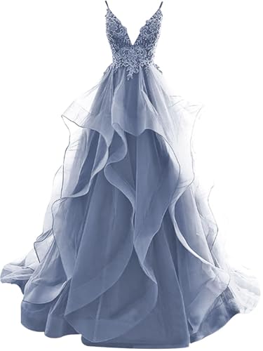 Ballkleider Lang Rüschen Abendkleid Rückenfrei Hochzeitskleider Standesamt Damen Tüll Ballkleid Prinzessin (Staubblau, 30) von OSRDFV