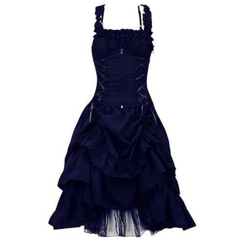 OSRDFV Abendkleid Mittelalter Kleid Damen Steampunk A-Linie Kleider Spitze Vintage Gothic Kleidung Ärmellos Halloween Kostüm Renaissance Mittelalter Kleid Lang Party Kleid (A1 Blau, XXL) von OSRDFV