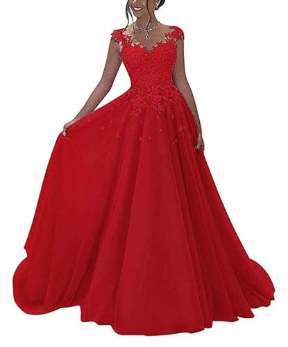 OSRDFV Ballkleid Lang Spitze für Hochzeitsgast Abendkleid A-Linie Ärmellos Abendkleid (Rot, 28) von OSRDFV