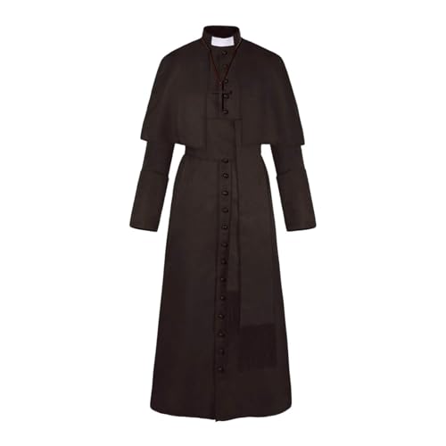 OSRDFV Dunkel-weiße Gothic-Kleidung, Halloween, Priester, mittelalterliches Retro-Kostüm, Cosplay, einfarbig, Knopf, Maskerade-Kostüm (Braun, Größe 3XL) von OSRDFV