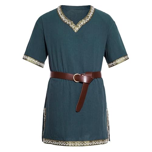 OSRDFV Herren Kurzarmhemd Mittelalter Vintage Tops mit Gürtel Renaissance Kostüm Freizeithemd für Männer Halloween Cosplay Kostüm (Marineblau, L) von OSRDFV