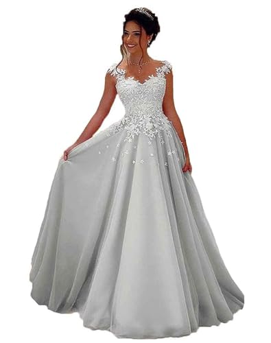 OSRDFV Spitze Abiballkleider Lange Formale Prinzessin Hochzeit Gast Kleid A-Linie Ärmellos Partykleid (Silber, 6) von OSRDFV