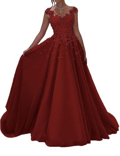 OSRDFV Spitze Abschlussballkleid lang formales Prinzessinenkleid Hochzeits Gästekleid A-Linie ärmellos Partykleid (bordeaux, 10) von OSRDFV