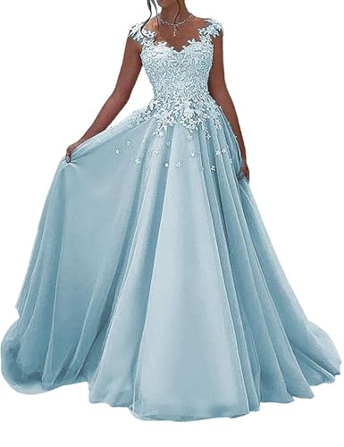 OSRDFV Spitze Ballkleider Lang Formelle Prinzessin Hochzeit Gäste Kleid A-Linie Ärmellos Partykleid (Himmelblau, 8) von OSRDFV