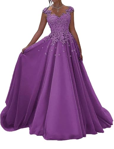 OSRDFV Spitze Ballkleider Lang Formelle Prinzessin Hochzeit Gäste Kleid A-Linie Ärmellos Partykleid (Lila, 30) von OSRDFV