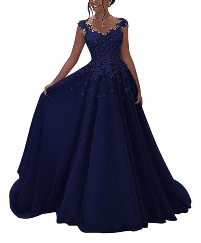 OSRDFV Spitze Ballkleider Lang Formelle Prinzessin Hochzeit Gäste Kleid A-Linie Ärmellos Partykleid (Marineblau, 10) von OSRDFV