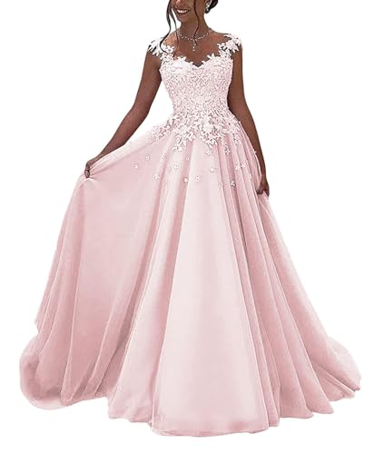 OSRDFV Spitze Ballkleider Lang Formelle Prinzessin Hochzeit Gäste Kleid A-Linie Ärmellos Partykleid (Rosa, 10) von OSRDFV