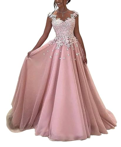 OSRDFV Spitze Ballkleider Lang Formelle Prinzessin Hochzeit Gäste Kleid A-Linie Ärmellos Partykleid (Rose (Dusty Rose), 12) von OSRDFV