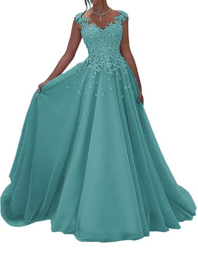 OSRDFV Spitze Ballkleider Lang Formelle Prinzessin Hochzeit Gäste Kleid A-Linie Ärmellos Partykleid (Türkis, 10) von OSRDFV