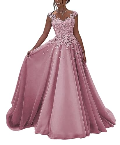 OSRDFV Spitze Ballkleider Lang Formelles Abendkleid Prinzessin A-Linie Hochzeitsgast Kleid Ärmellos (Blush, 10) von OSRDFV