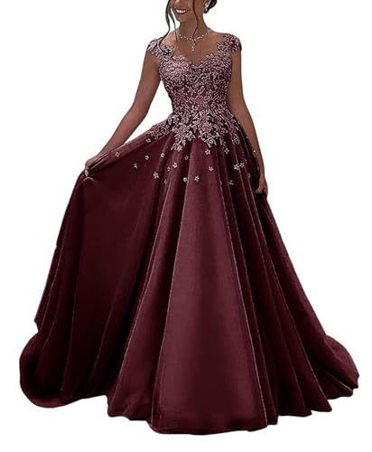 OSRDFV Spitze Ballkleider Lang Formelles Abendkleid Prinzessin A-Linie Hochzeitsgast Kleid Ärmellos (Burgunderrot, 10) von OSRDFV