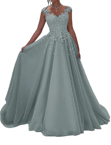 OSRDFV Spitze Ballkleider Lang Formelles Abendkleid Prinzessin A-Linie Hochzeitsgast Kleid Ärmellos (Dusty Blue, 12) von OSRDFV