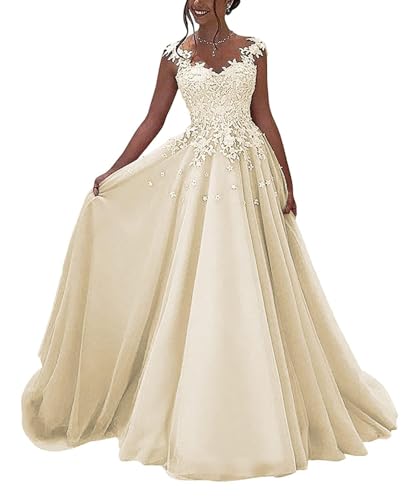 OSRDFV Spitze Ballkleider Lang Formelles Abendkleid Prinzessin A-Linie Hochzeitsgast Kleid Ärmellos (Elfenbein, 10) von OSRDFV