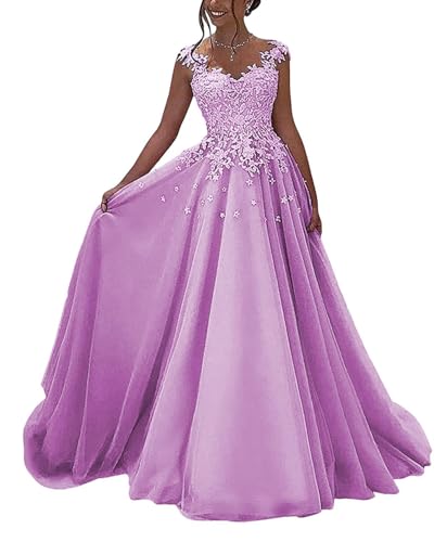 OSRDFV Spitze Ballkleider Lang Formelles Abendkleid Prinzessin A-Linie Hochzeitsgast Kleid Ärmellos (Flieder, 14) von OSRDFV