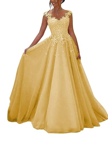 OSRDFV Spitze Ballkleider Lang Formelles Abendkleid Prinzessin A-Linie Hochzeitsgast Kleid Ärmellos (Gold, 10) von OSRDFV