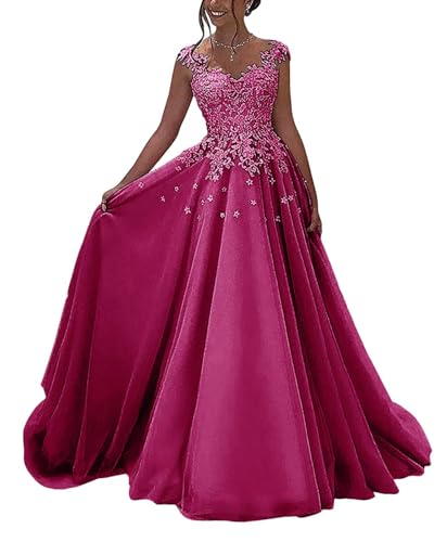 OSRDFV Spitze Ballkleider Lang Formelles Abendkleid Prinzessin A-Linie Hochzeitsgast Kleid Ärmellos (Hot Pink, 16) von OSRDFV