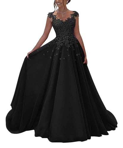 OSRDFV Spitze Ballkleider Lang Formelles Abendkleid Prinzessin A-Linie Hochzeitsgast Kleid Ärmellos (Schwarz, 12) von OSRDFV