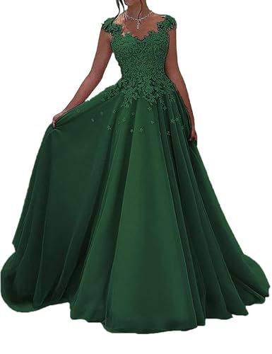 OSRDFV Spitze Ballkleider Lang Formelles Abendkleid Prinzessin A-Linie Hochzeitsgast Kleid Ärmellos (Smaragdgrün, 10) von OSRDFV