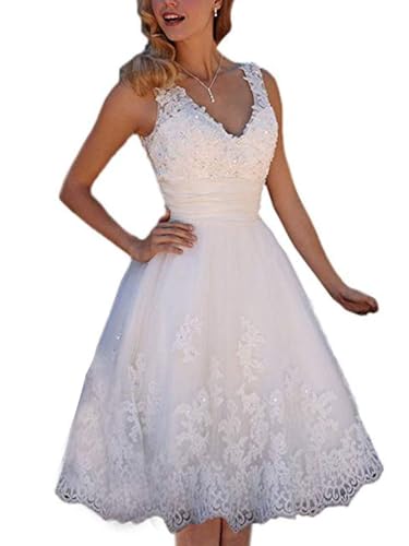 OSRDFV Spitze Blumen Kurz Brautkleid Spaghetti Träger Strand Hochzeit für Frauen V-Ausschnitt Brautkleid (Elfenbein, 30) von OSRDFV