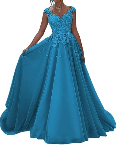 Spitze Ballkleider Lang Formelle Prinzessin Hochzeit Gäste Kleid A-Linie Ärmellos Partykleid (Ozeanblau, 6) von OSRDFV