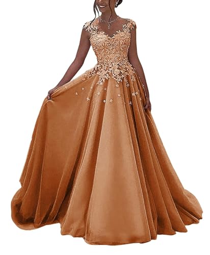 Spitze Ballkleider Lang Formelles Abendkleid Prinzessin A-Linie Hochzeitsgast Kleid Ärmellos (Burnt Orange, 12) von OSRDFV