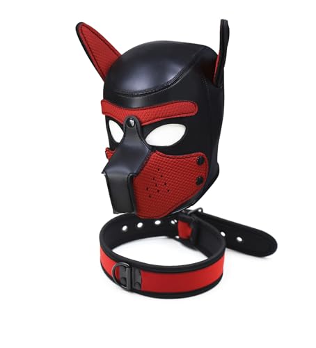 Neopren Welpen-Kapuzenmaske mit Halsband, abnehmbare Cosplay-Hunde-Vollgesichts-Welpen-Haubenmaske, Halloween-Maske (rot, groß) von OTEXIFIF