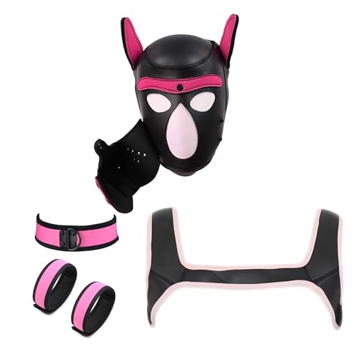 OTEXIFIF Neopren Hundekopfmaske, ​Neuheit Kostüm Hund 4 Sets (Hautmaske + Halsband + Armband + Geschirr) (Rosa, Groß) von OTEXIFIF