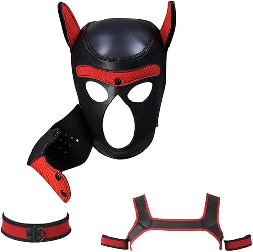 OTEXIFIF Neopren Hundekopfmaske, ​Neuheit Kostüm Hund 4 Sets (Hautmaske + Halsband + Armband + Geschirr) (Rot, X-Large) von OTEXIFIF