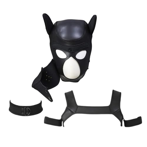 OTEXIFIF Neopren Hundekopfmaske, ​Neuheit Kostüm Hund 4 Sets (Hautmaske + Halsband + Armband + Geschirr) (Schwarz, Groß) von OTEXIFIF