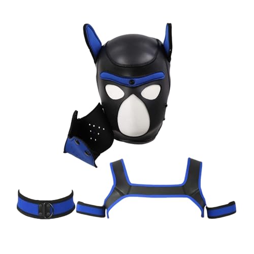 OTEXIFIF Neopren Hundekopfmaske, ​Neuheit Kostüm Hund 4 Sets (Holzmaske + Halsband + Armband + Geschirr) (Blau, Groß) von OTEXIFIF