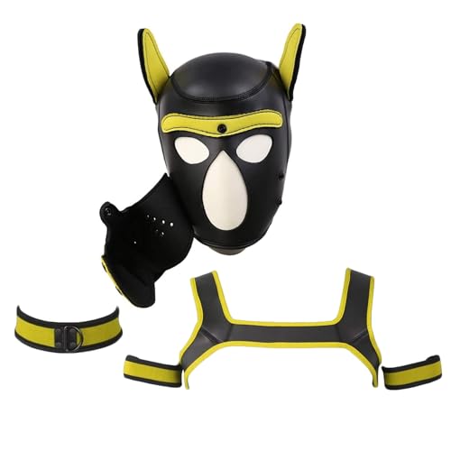 OTEXIFIF Neopren Hundekopfmaske, ​Neuheit Kostüm Hund 4 Sets (Holzmaske + Halsband + Armband + Geschirr) (Gelb, Groß) von OTEXIFIF