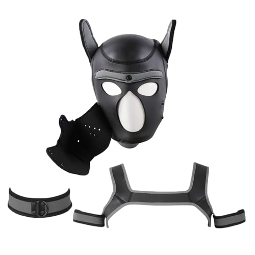 OTEXIFIF Neopren-Hundekopfmaske, Neuheit Kostüm Hund 4 Sets (Hood Mask + Collar + Armband + Harness) (Grau, Groß) von OTEXIFIF