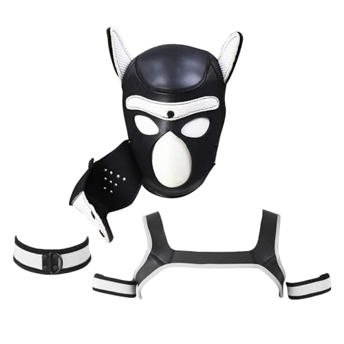 OTEXIFIF Neopren Hundekopfmaske, ​Neuheit Kostüm Hund 4 Sets (Hood Mask + Halsband + Armband + Geschirr) (Weiß, X-Large) von OTEXIFIF