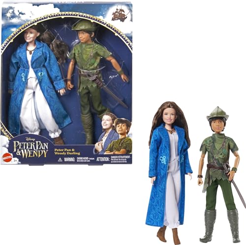 DISNEY Peter Pan & Wendy - beweglich mit typischen Outfits und abnehmbarem Zubehör, Hosen aus weichem Stofft, zum Nachspielen von Lieblingsszenen oder kreatives Spielen, für Kinder ab 3 Jahren, HNY36 von Mattel