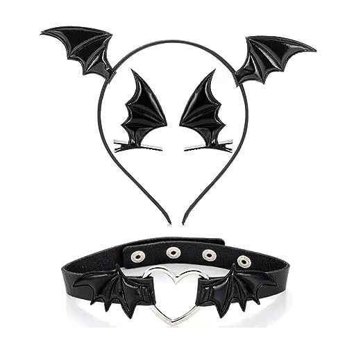 OUBEIDUO Haarband Damen, Gothic Dunkel Haarspange Mädchen Choker Halsband Haarspange Teufelsflügel Stirnband Set Gothic Fledermaus Flügel Vielseitiger Choker von OUBEIDUO