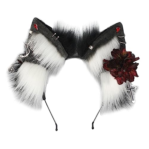 OUBEIDUO Haarband für Damen, Punk, Wolf-Ohr, Stirnband mit Blume und Ohrringen, Dekor, Haarreif für Erwachsene, Cosplay, Live-Übertragung, Halloween, Party, Kopfschmuck von OUBEIDUO