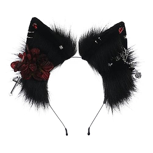 OUBEIDUO Haarband für Damen, Punk, Wolf-Ohr, Stirnband mit Blume und Ohrringen, Dekor, Haarreif für Erwachsene, Cosplay, Live-Übertragung, Halloween, Party, Kopfschmuck von OUBEIDUO