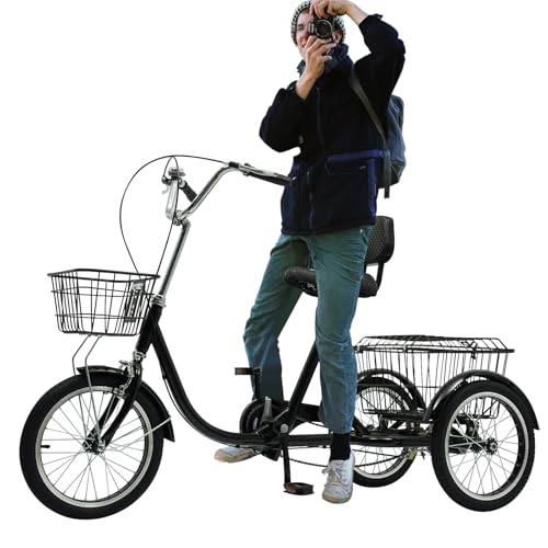 OUBUBY Dreirad für Erwachsene 16 Zoll Klappbar, Folding Trike Adult Bike Tricycle mit Einkaufswagen Cruising Bike mit LED Licht Gemüsekorb Becherhalter, Höhenverstellbar 3-Rad-Fahrrad Cruise-Dreirad von OUBUBY